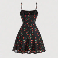 MOD Cherry Print Ruched Bust Cami Summer Pastoral Short Style Dress