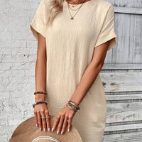 Frenchy Solid Color round Neck Loose Fit Casual Dress with Texture