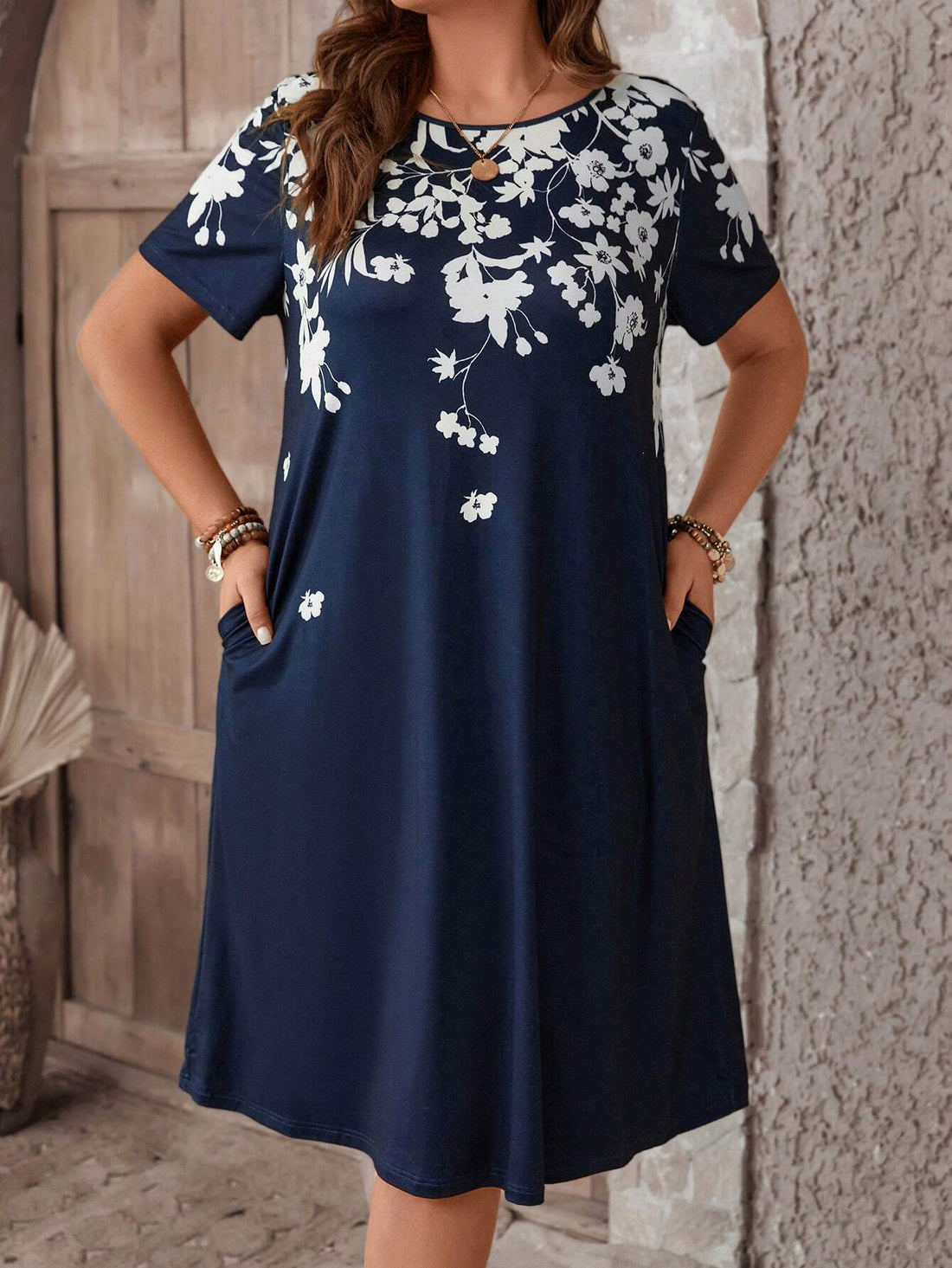 EMERY ROSE plus Size Women'S Casual Retro Denim Look Printed Short Sleeve Knee-Length Dress