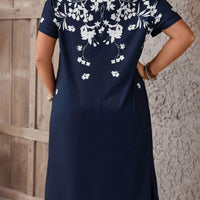 EMERY ROSE plus Size Women'S Casual Retro Denim Look Printed Short Sleeve Knee-Length Dress