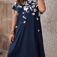 EMERY ROSE plus Size Women'S Casual Retro Denim Look Printed Short Sleeve Knee-Length Dress