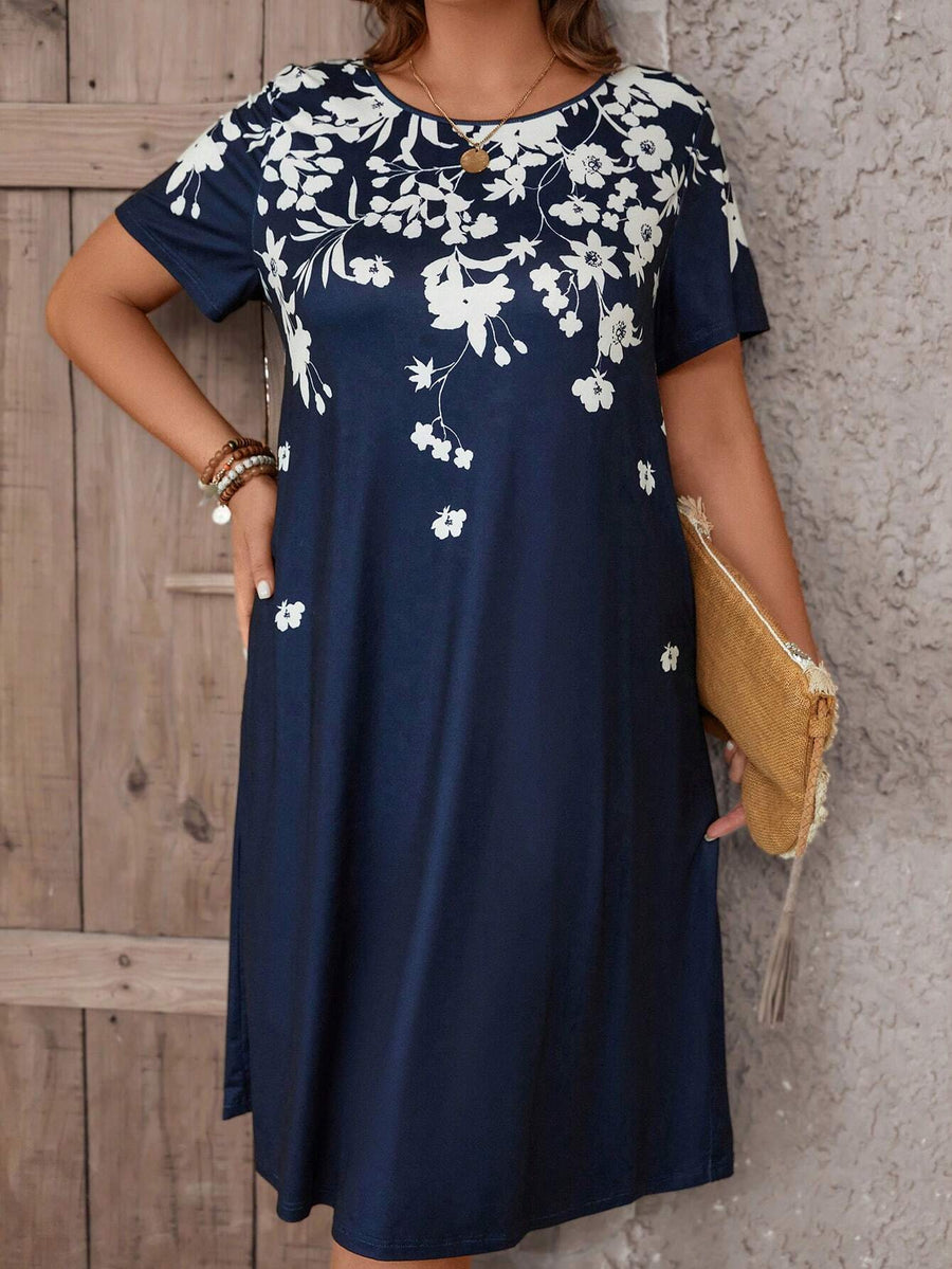 EMERY ROSE plus Size Women'S Casual Retro Denim Look Printed Short Sleeve Knee-Length Dress