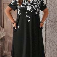 EMERY ROSE plus Size Women'S Casual Retro Denim Look Printed Short Sleeve Knee-Length Dress