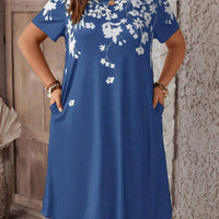 EMERY ROSE plus Size Women'S Casual Retro Denim Look Printed Short Sleeve Knee-Length Dress