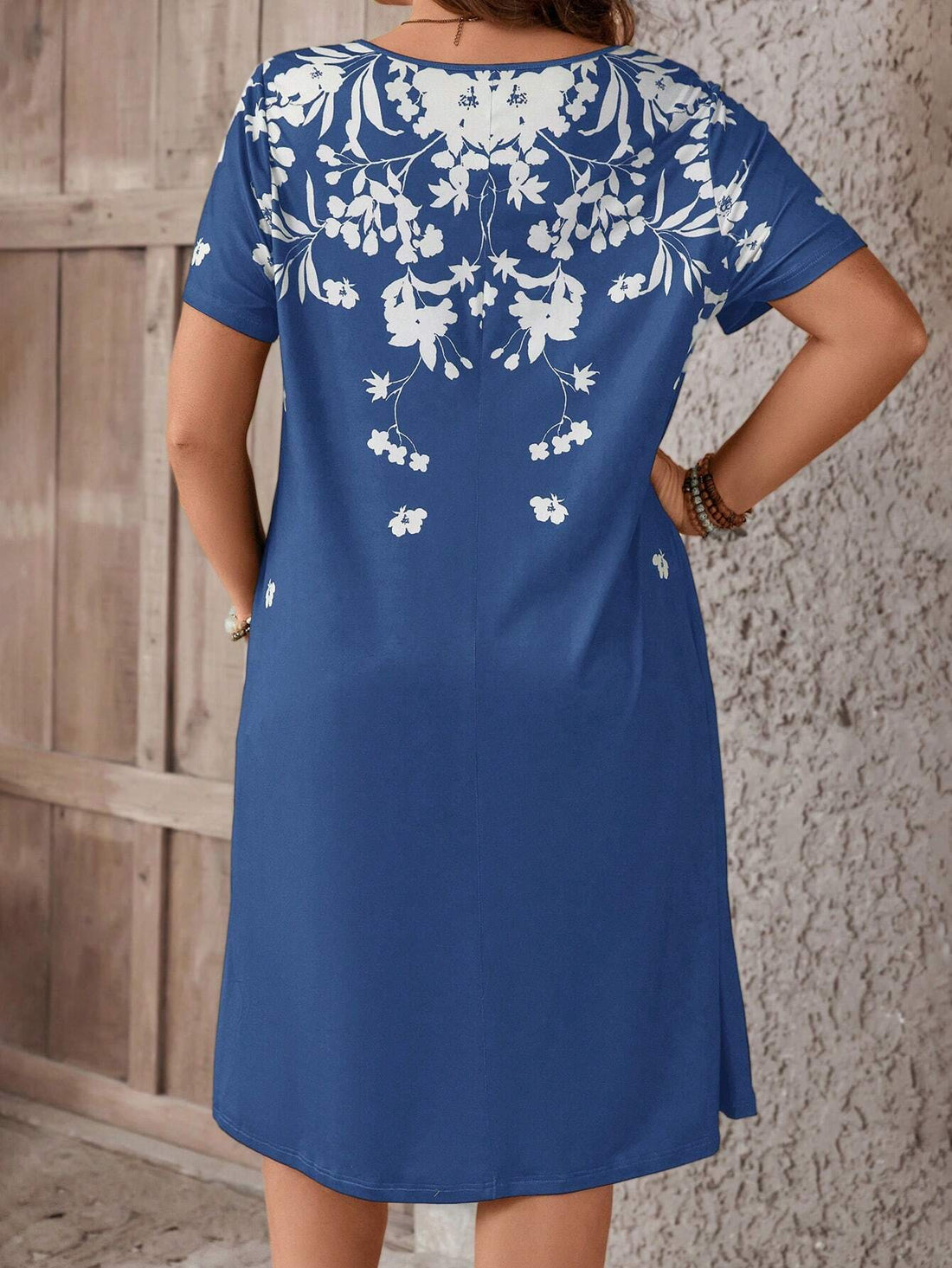 EMERY ROSE plus Size Women'S Casual Retro Denim Look Printed Short Sleeve Knee-Length Dress