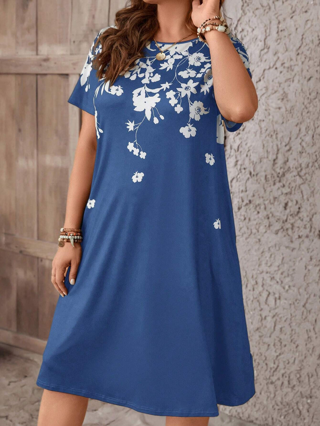 EMERY ROSE plus Size Women'S Casual Retro Denim Look Printed Short Sleeve Knee-Length Dress