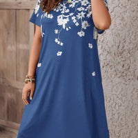 EMERY ROSE plus Size Women'S Casual Retro Denim Look Printed Short Sleeve Knee-Length Dress