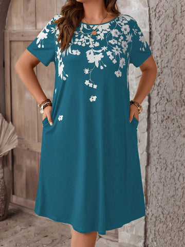 EMERY ROSE plus Size Women'S Casual Retro Denim Look Printed Short Sleeve Knee-Length Dress