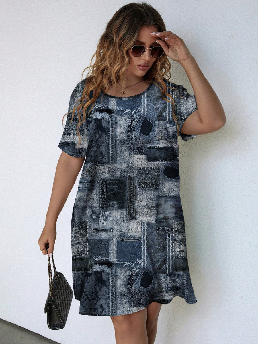 EMERY ROSE plus Size Women'S Casual Retro Denim Look Printed Short Sleeve Knee-Length Dress