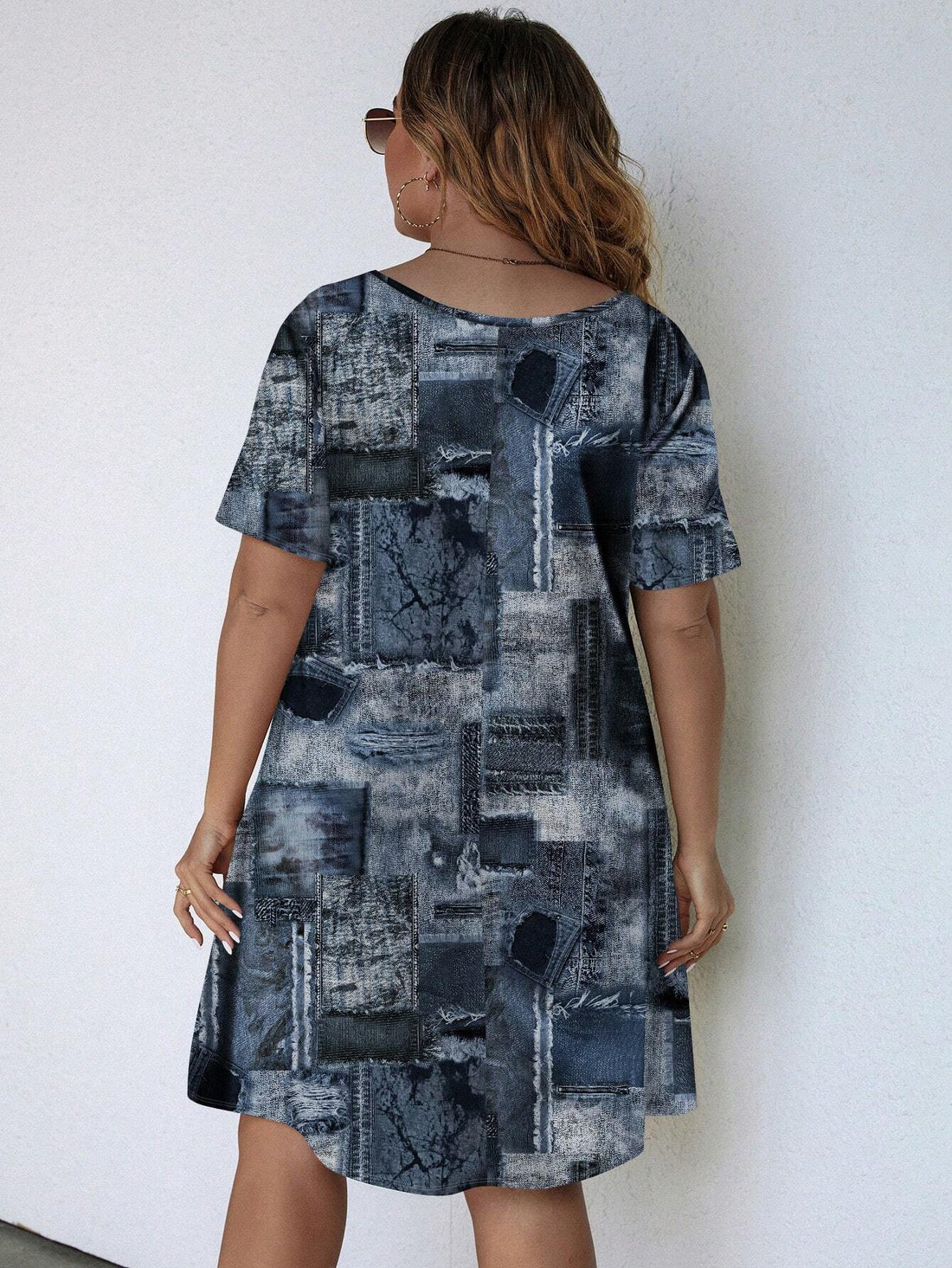 EMERY ROSE plus Size Women'S Casual Retro Denim Look Printed Short Sleeve Knee-Length Dress