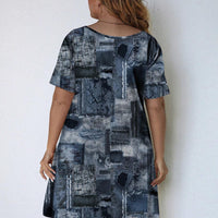 EMERY ROSE plus Size Women'S Casual Retro Denim Look Printed Short Sleeve Knee-Length Dress