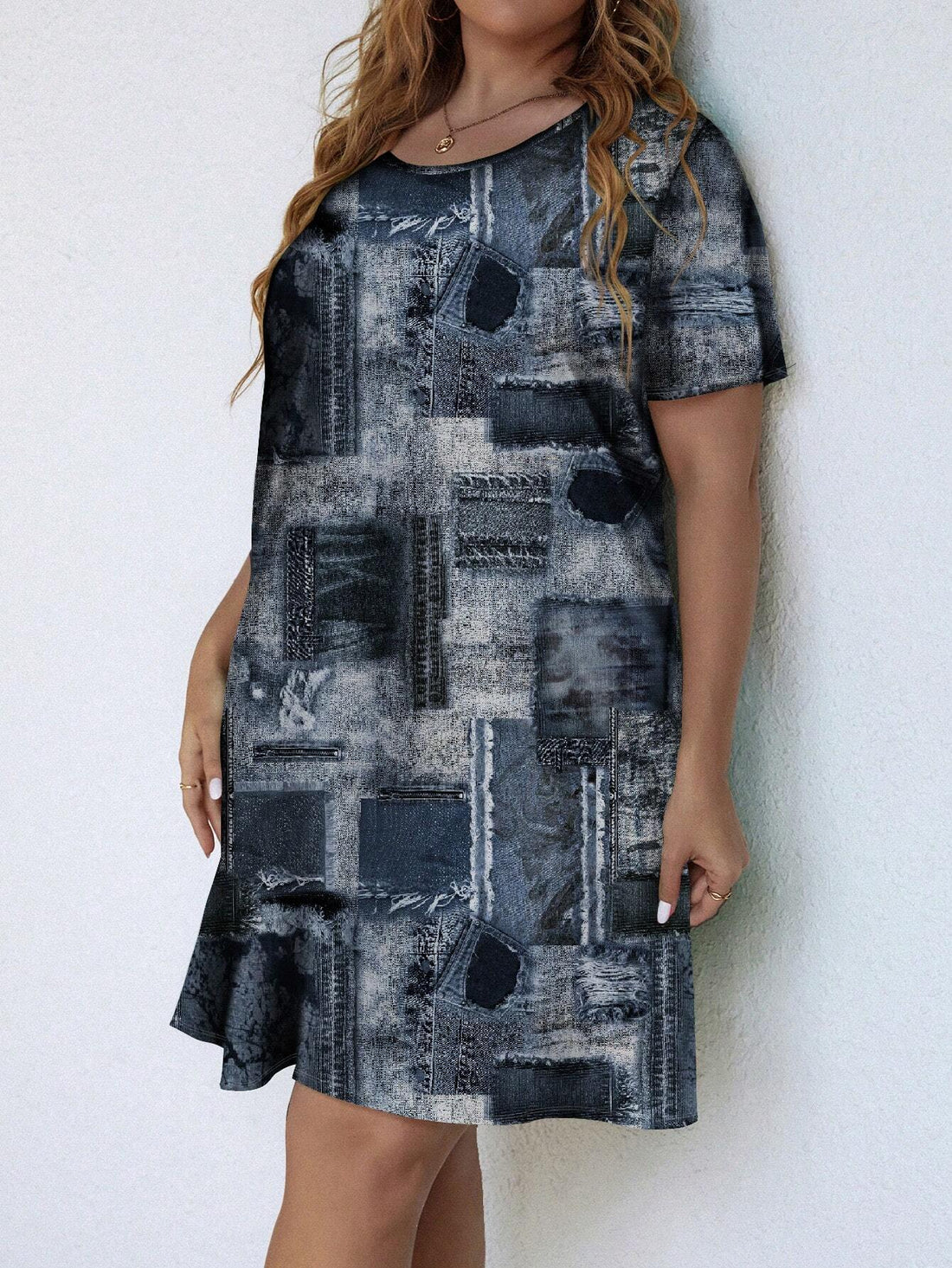 EMERY ROSE plus Size Women'S Casual Retro Denim Look Printed Short Sleeve Knee-Length Dress