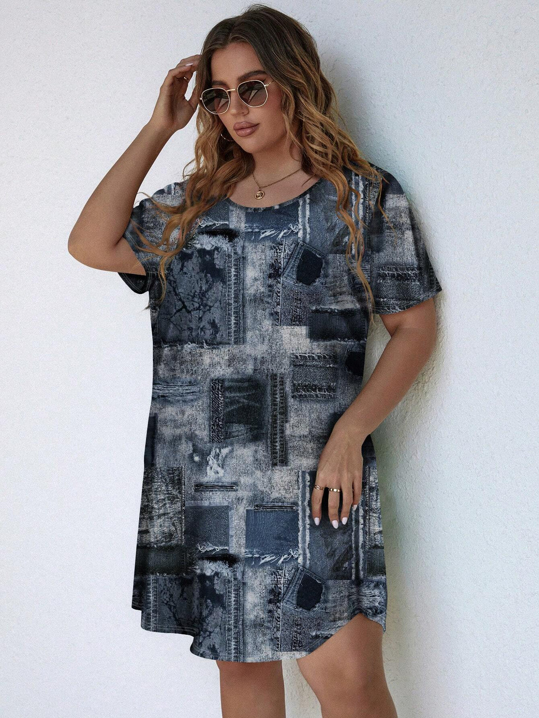 EMERY ROSE plus Size Women'S Casual Retro Denim Look Printed Short Sleeve Knee-Length Dress