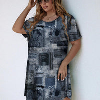 EMERY ROSE plus Size Women'S Casual Retro Denim Look Printed Short Sleeve Knee-Length Dress