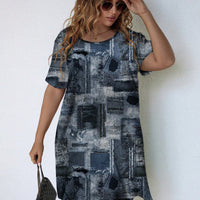 EMERY ROSE plus Size Women'S Casual Retro Denim Look Printed Short Sleeve Knee-Length Dress