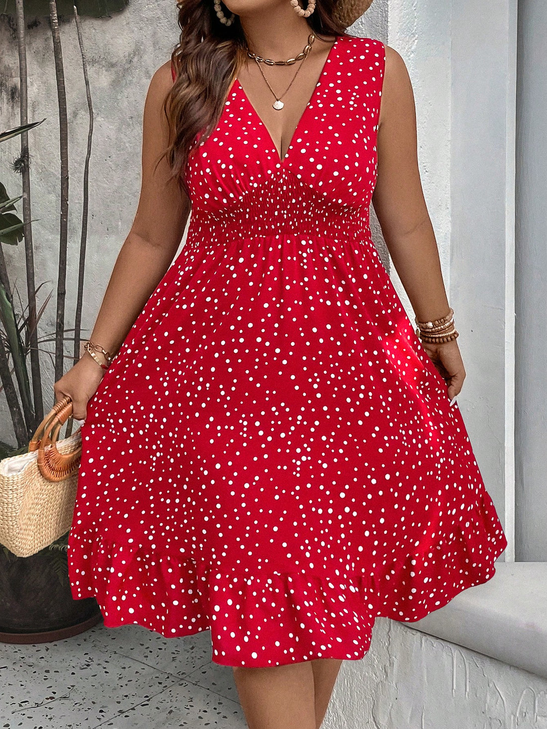 WYWH plus Polka Dot Print Ruffle Hem Dress