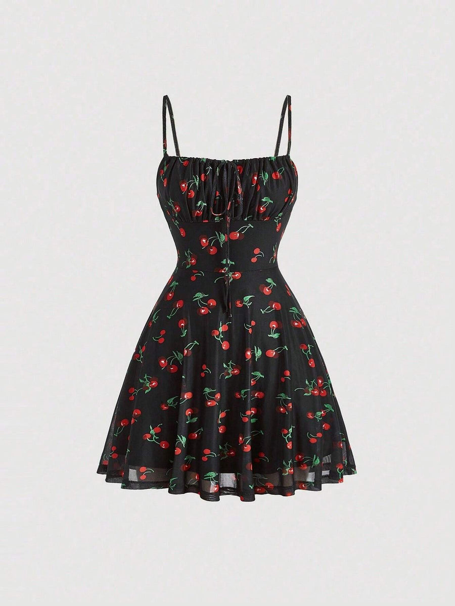 MOD Cherry Print Ruched Bust Cami Summer Pastoral Short Style Dress