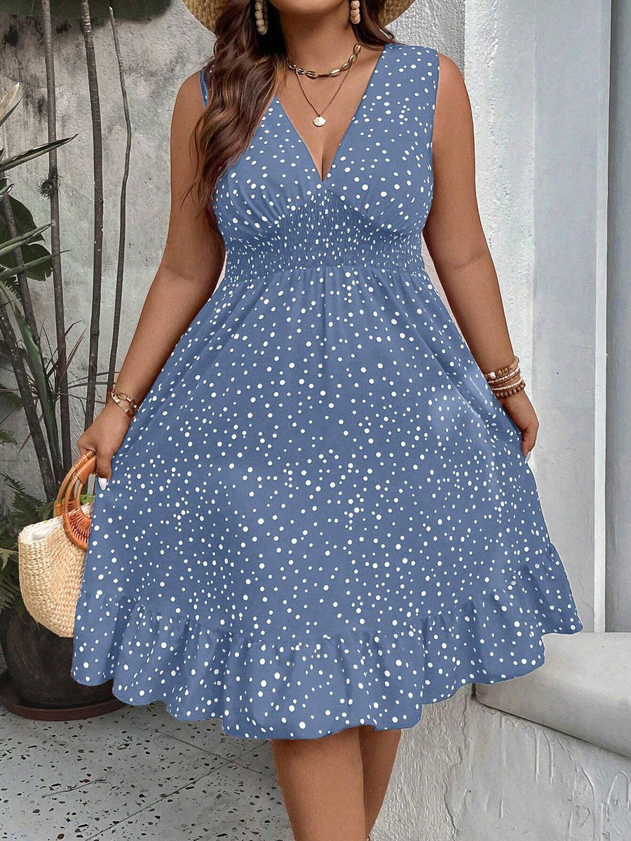 WYWH plus Polka Dot Print Ruffle Hem Dress