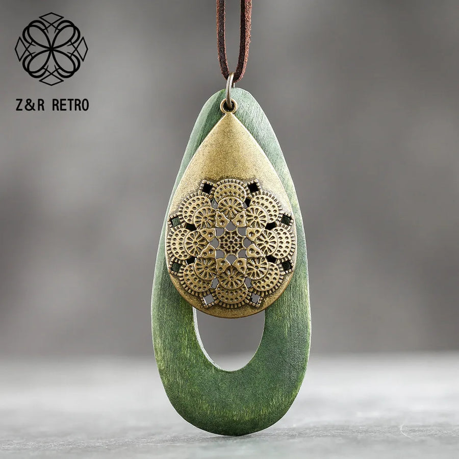 Long Chain Geometric Pendant Wooden Necklaces