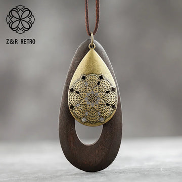 Long Chain Geometric Pendant Wooden Necklaces