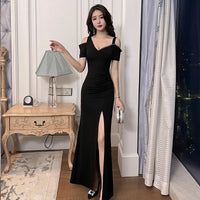 Black Red Blackless Woman Party Night V-neck  Long Dress