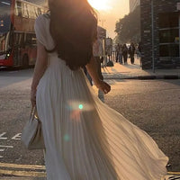 Summer Solid Pleats Long Dresses French Elegant V Neck