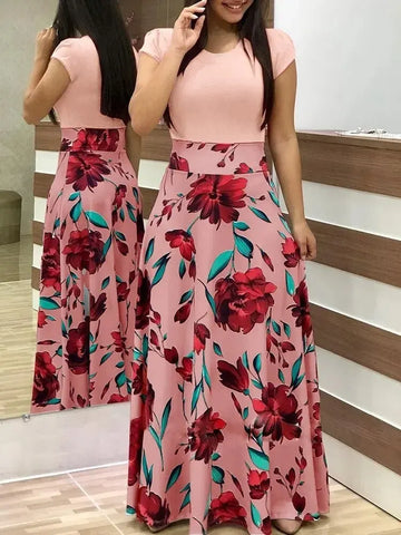 Floral Print Color Block Long Women Dress