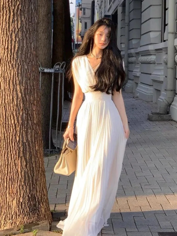 Summer Solid Pleats Long Dresses French Elegant V Neck