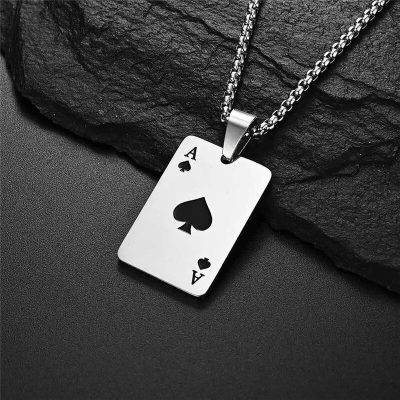 2Piece Set Hip Hop Statement Stainless Steel Poker Card Ace of Spades Necklace