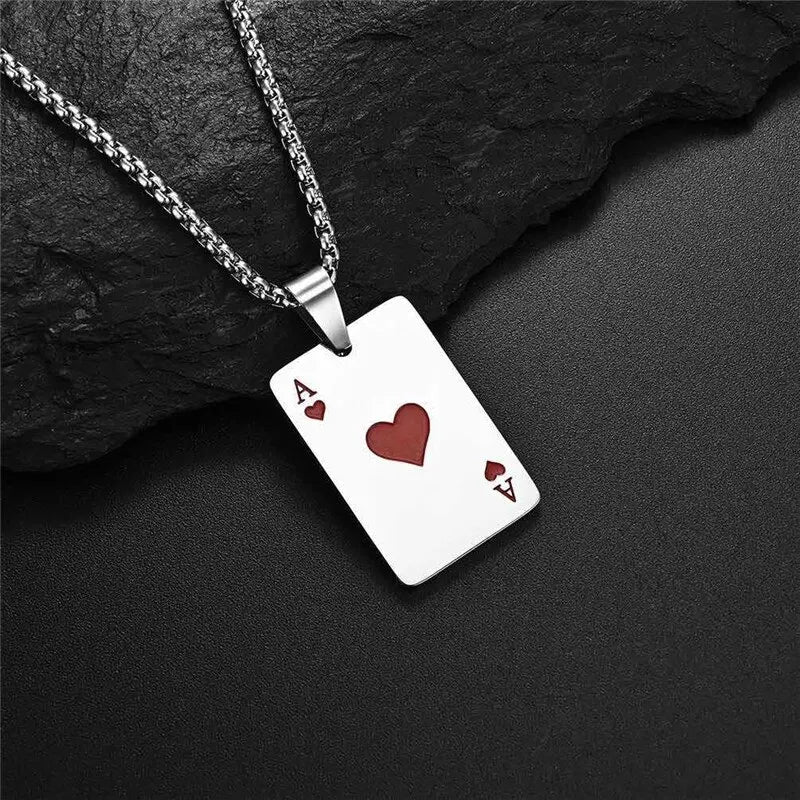 2Piece Set Hip Hop Statement Stainless Steel Poker Card Ace of Spades Necklace