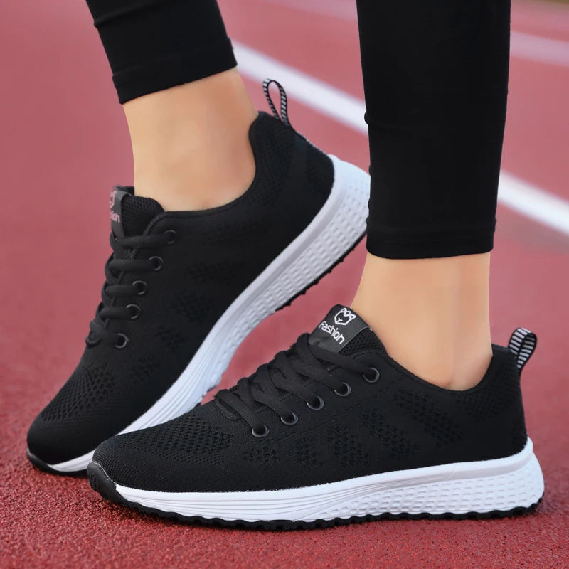 Women Casual Shoes Breathable Walking Mesh Lace Up Flat Shoes Sneakers