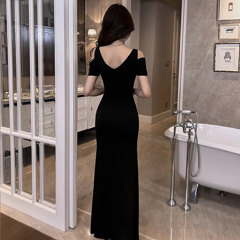 Black Red Blackless Woman Party Night V-neck  Long Dress