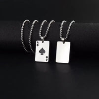 2Piece Set Hip Hop Statement Stainless Steel Poker Card Ace of Spades Necklace