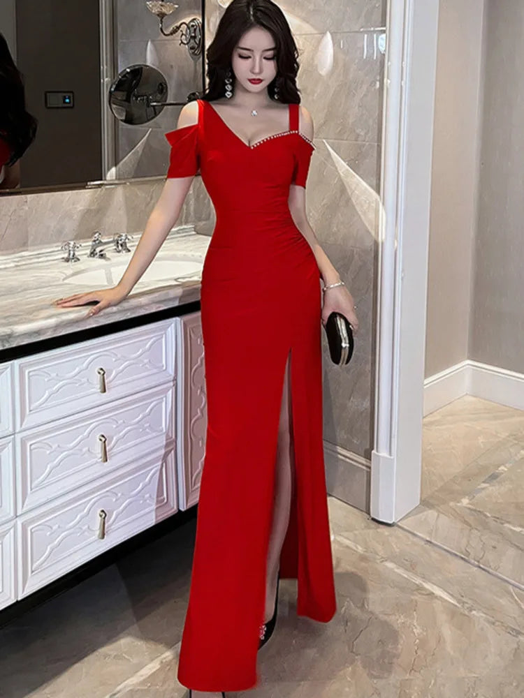 Black Red Blackless Woman Party Night V-neck  Long Dress