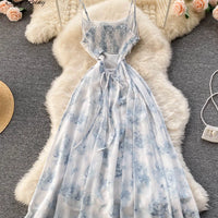 Women Floral Strap Dress Elastic  Backless Party Dress