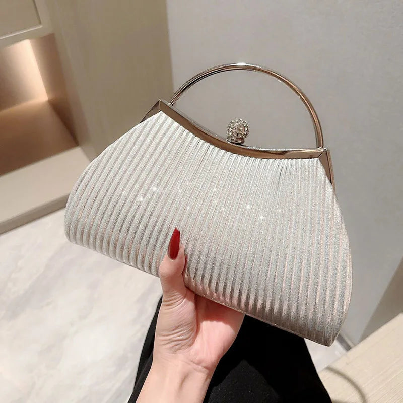 Pleated Evening Handbag Women Top Handle Glitter Clutch Ladies