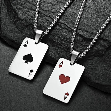 2Piece Set Hip Hop Statement Stainless Steel Poker Card Ace of Spades Necklace