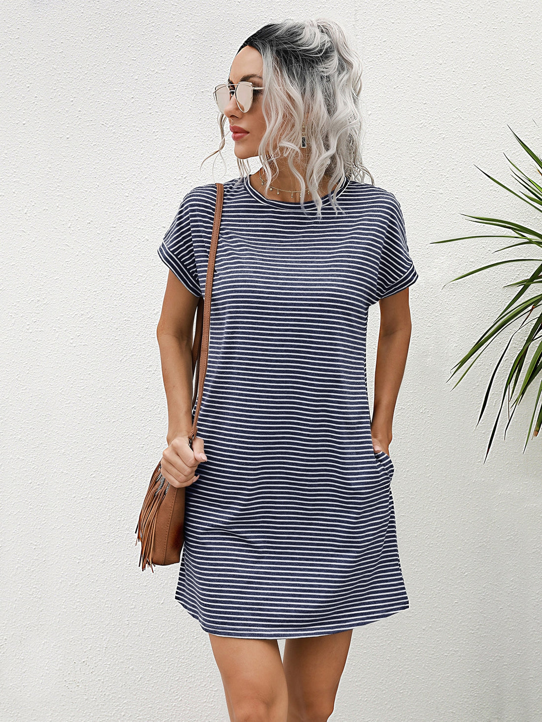 LUNE Striped Print Pocket Detail Tee Dress