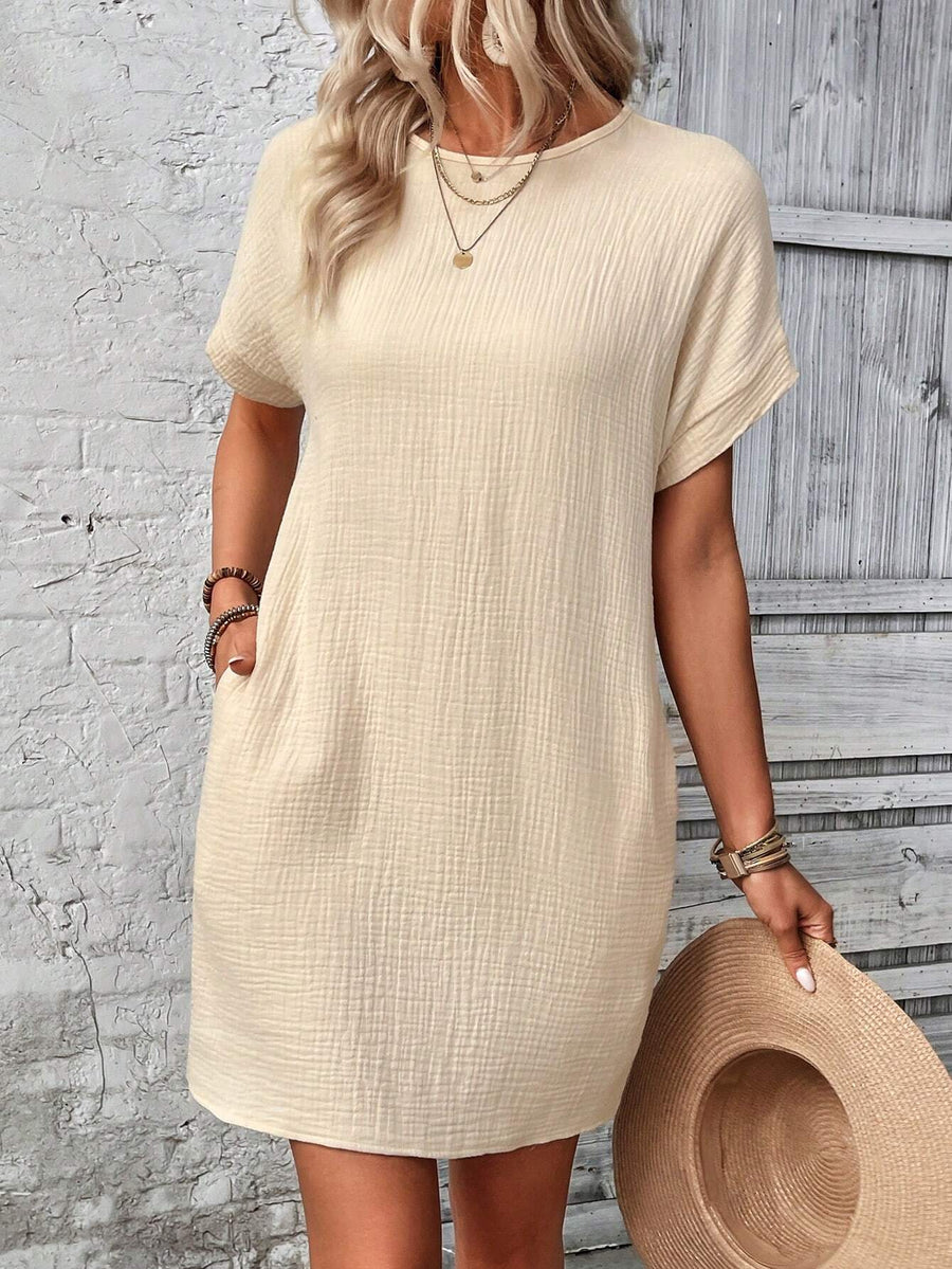 Frenchy Solid Color round Neck Loose Fit Casual Dress with Texture