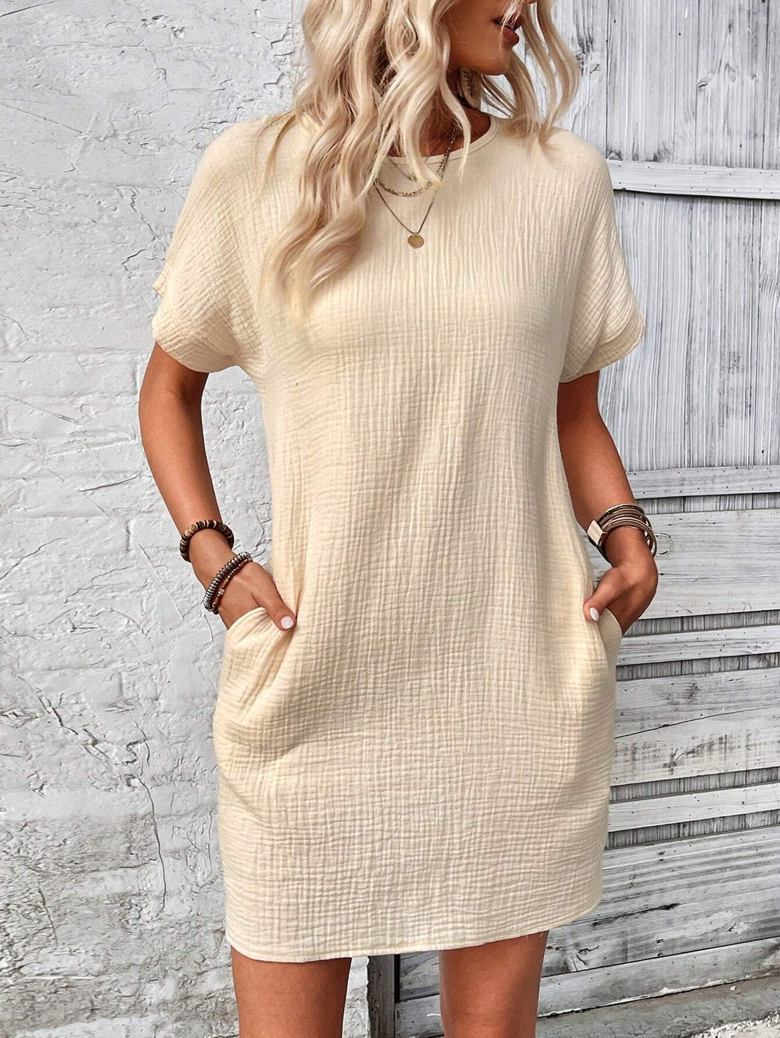 Frenchy Solid Color round Neck Loose Fit Casual Dress with Texture